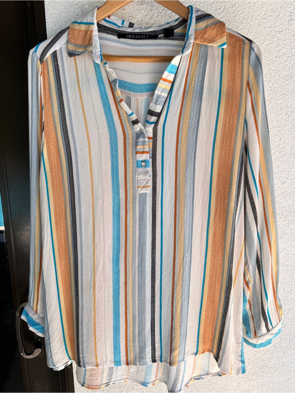 Insight Striped Tunic Top — White, Turquoise & Tan